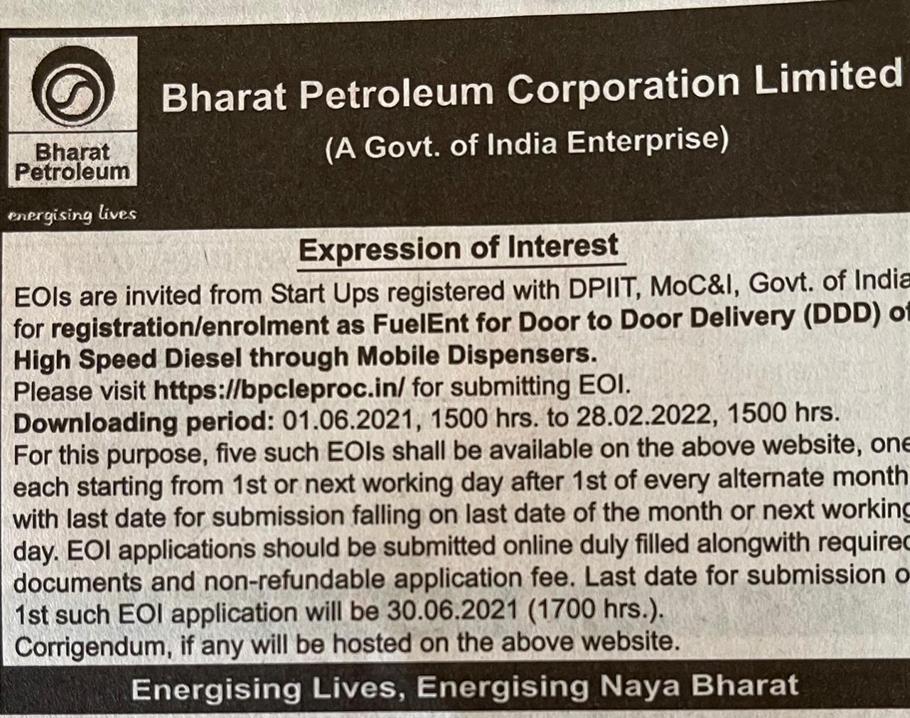 BPCL Door to door Diesel Delivery tender 